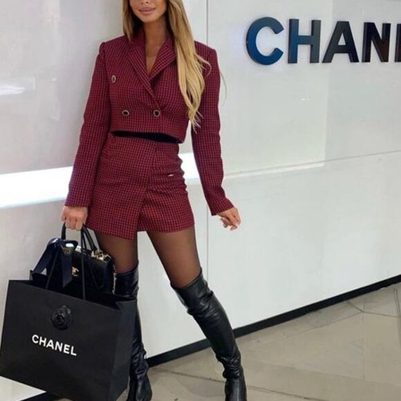 Zara Houndstooth Cropped Blazer Jacket Shoulder Pad Double Breasted Plaid - Picture 11 of 13